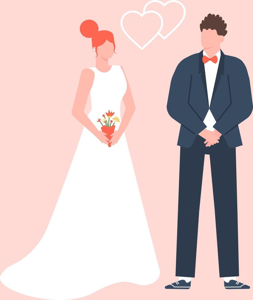 Newlyweds celebrating their love, with the bride holding a vibrant bouquet while the groom leans in for a kiss, hearts floating above symbolizing their joyful union vector