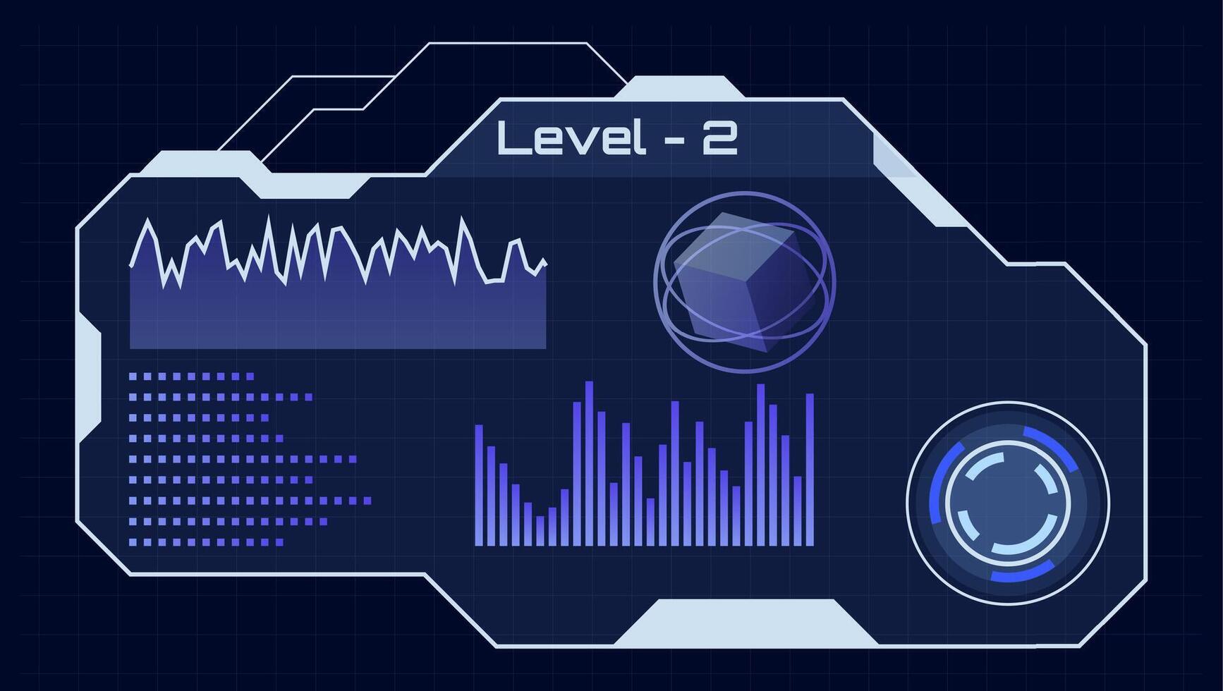 Futuristic hud interface showing level 2 with charts, loading diagnostic display, digital infographic ui elements and a rotating cube on a grid background illustration vector
