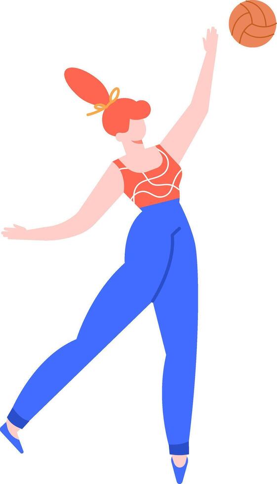 Young woman serving the volleyball in a dynamic pose, wearing blue pants and an orange top during an intense match, showcasing athleticism and passion for the sport vector