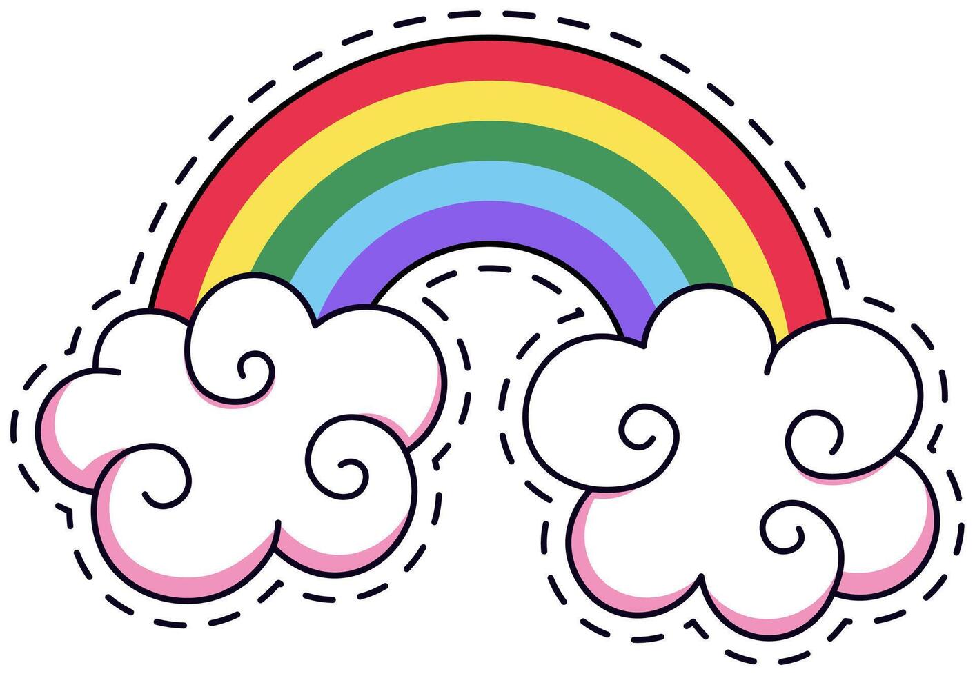 Vibrant rainbow arches over two fluffy, swirling clouds. The colorful design is outlined with dashed lines, giving it a playful, patch like appearance perfect for magical themes vector