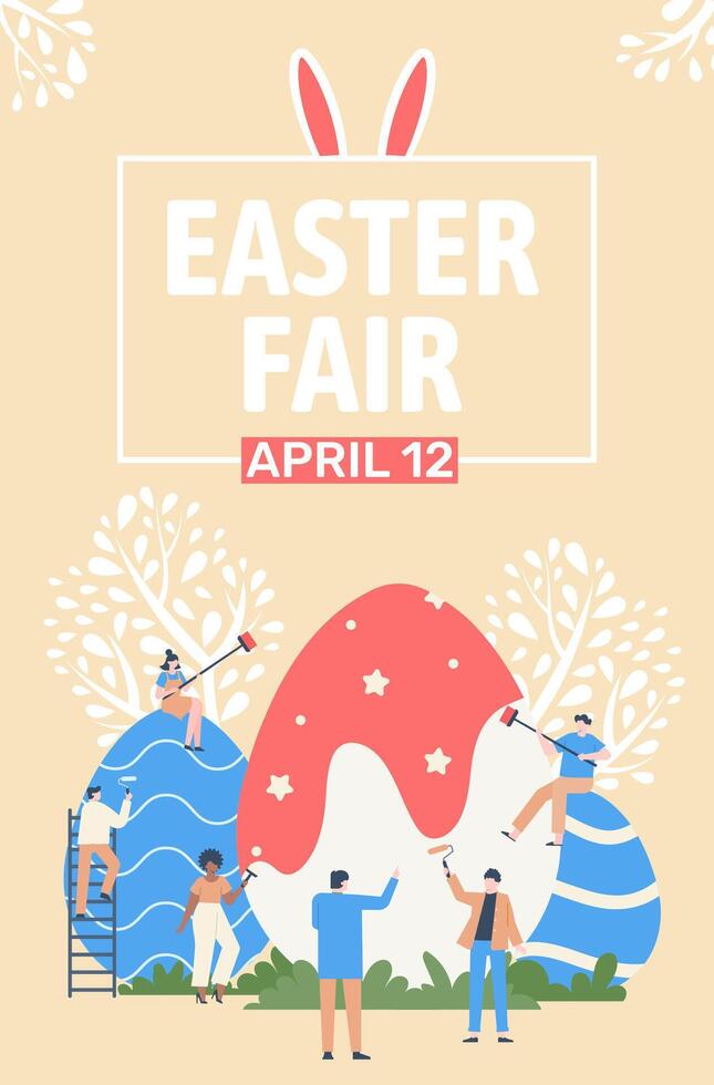 Tiny people painting and decorating giant easter eggs with paint rollers and brushes for easter fair event on april 12, easter celebration poster, spring holiday event vector