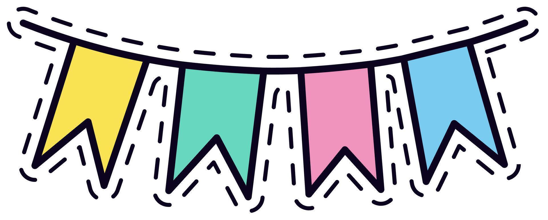 Vibrant bunting flags in yellow, green, blue, pink, and purple create a festive atmosphere. Perfect for celebrations, parties, and events, these flags add a cheerful touch to any occasion vector