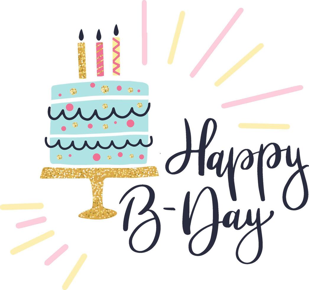 Light blue birthday cake adorned with lit candles, resting on a golden cake stand, featuring handwritten happy b day lettering, perfect for celebrating a joyful birthday party vector