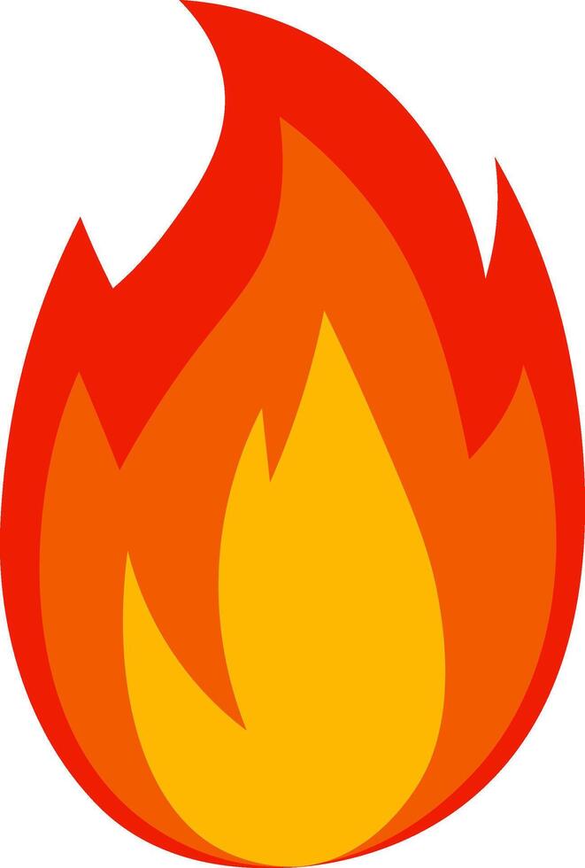 Burning red and orange cartoon fire flames create a large fireball, symbolizing heat and energy, while representing wildfire and bonfire on a clean white background vector