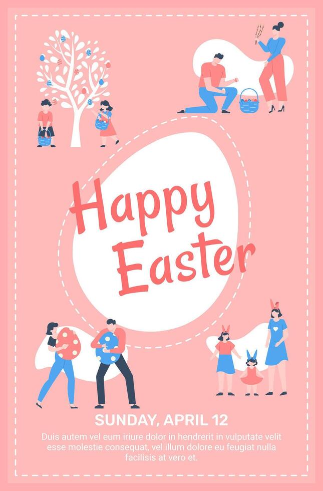 Families celebrating Easter Sunday, wearing bunny ears and picking colorful eggs from a tree while holding giant decorated eggs and filling a wicker basket, set against a pink background vector