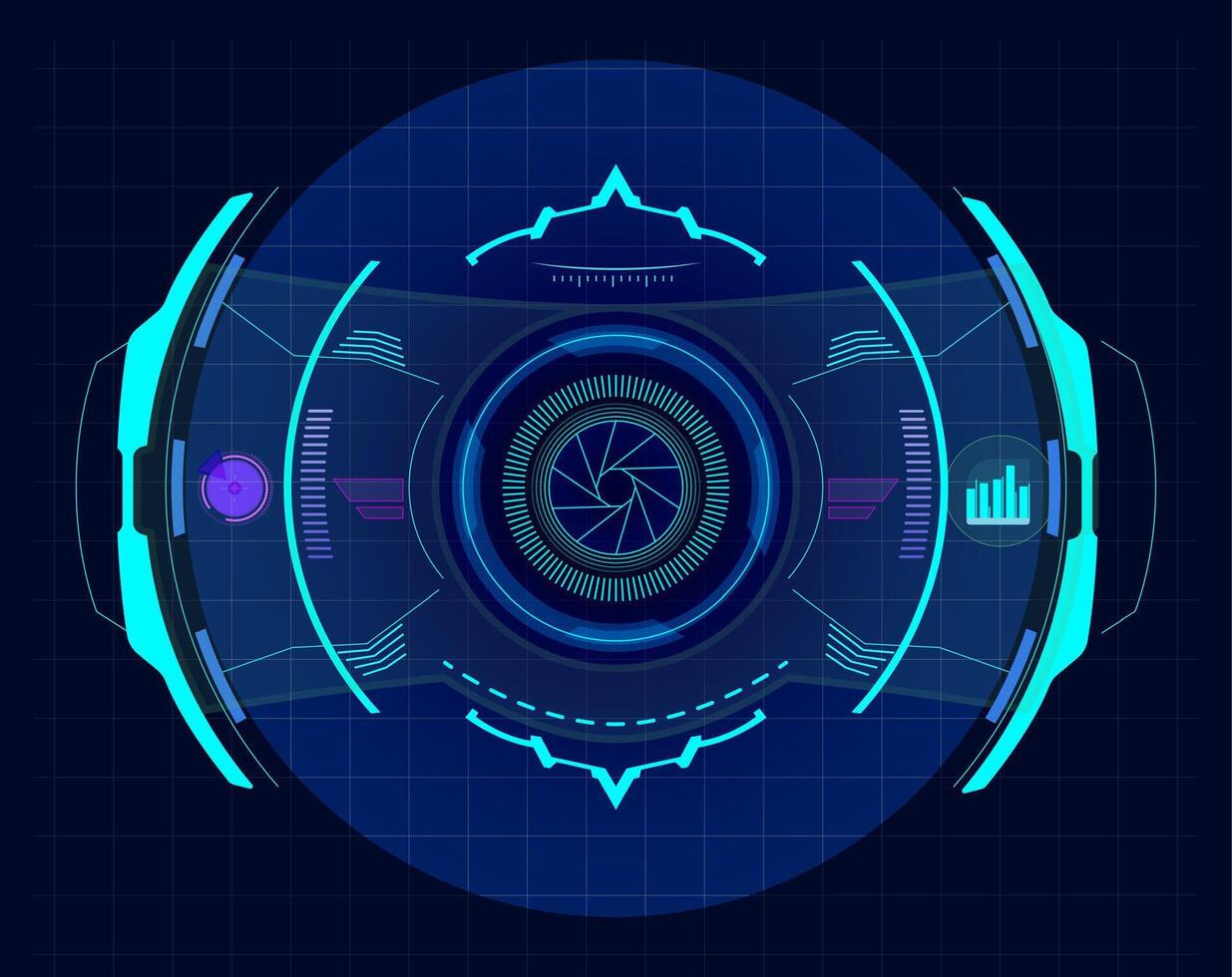 Futuristic virtual screen showing a camera diaphragm and various graphs, resembling a heads up display, with glowing neon lights and a dark, technological background vector