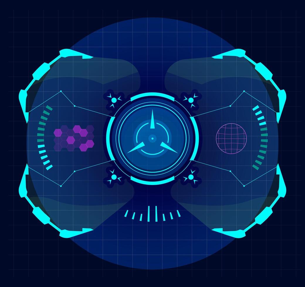 Futuristic virtual screen showing a circular hud interface with data, connections, and various indicators, creating a technological and futuristic atmosphere vector