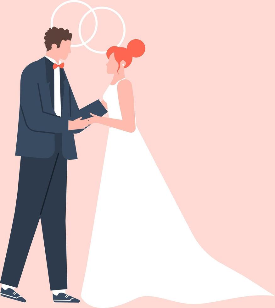 Groom and bride exchanging vows during their wedding ceremony, celebrating their love and commitment on their special day, creating a romantic atmosphere vector