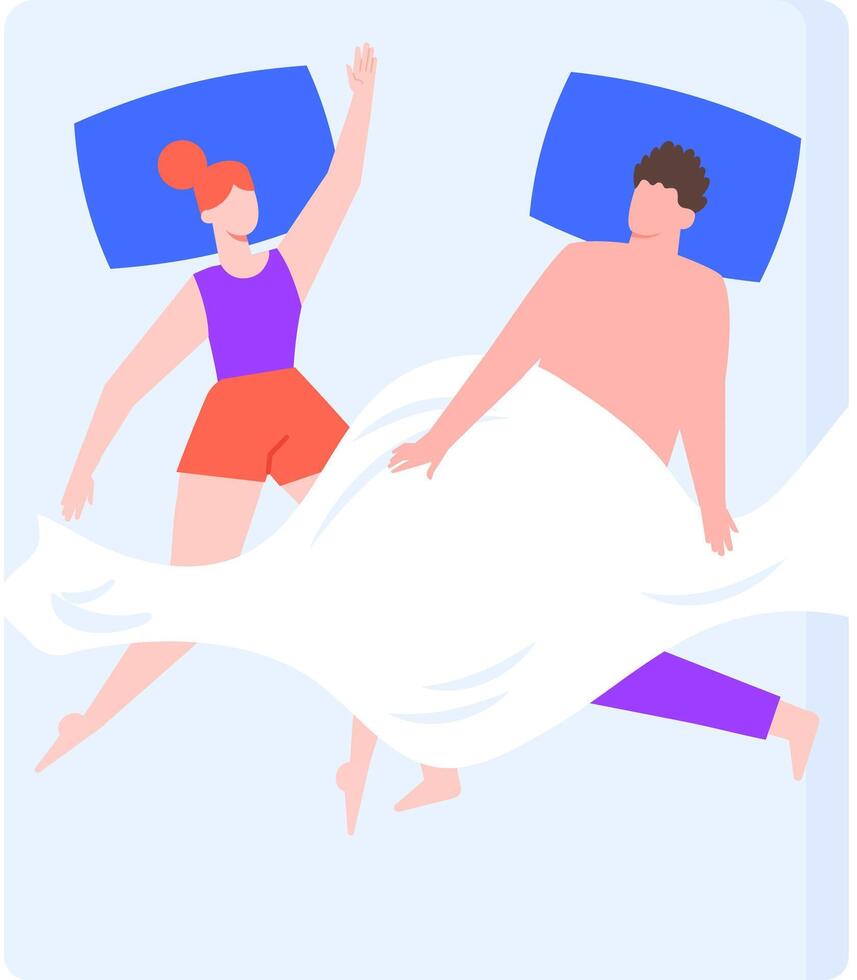 Romantic couple sleeping together in bed under blanket, top view illustration of man and woman resting in bedroom at night, dreaming in various positions vector