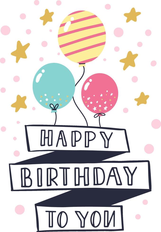 Happy birthday greeting card with greeting lettering, balloons and candle birthday greeting card decoration design illustration icons set vector