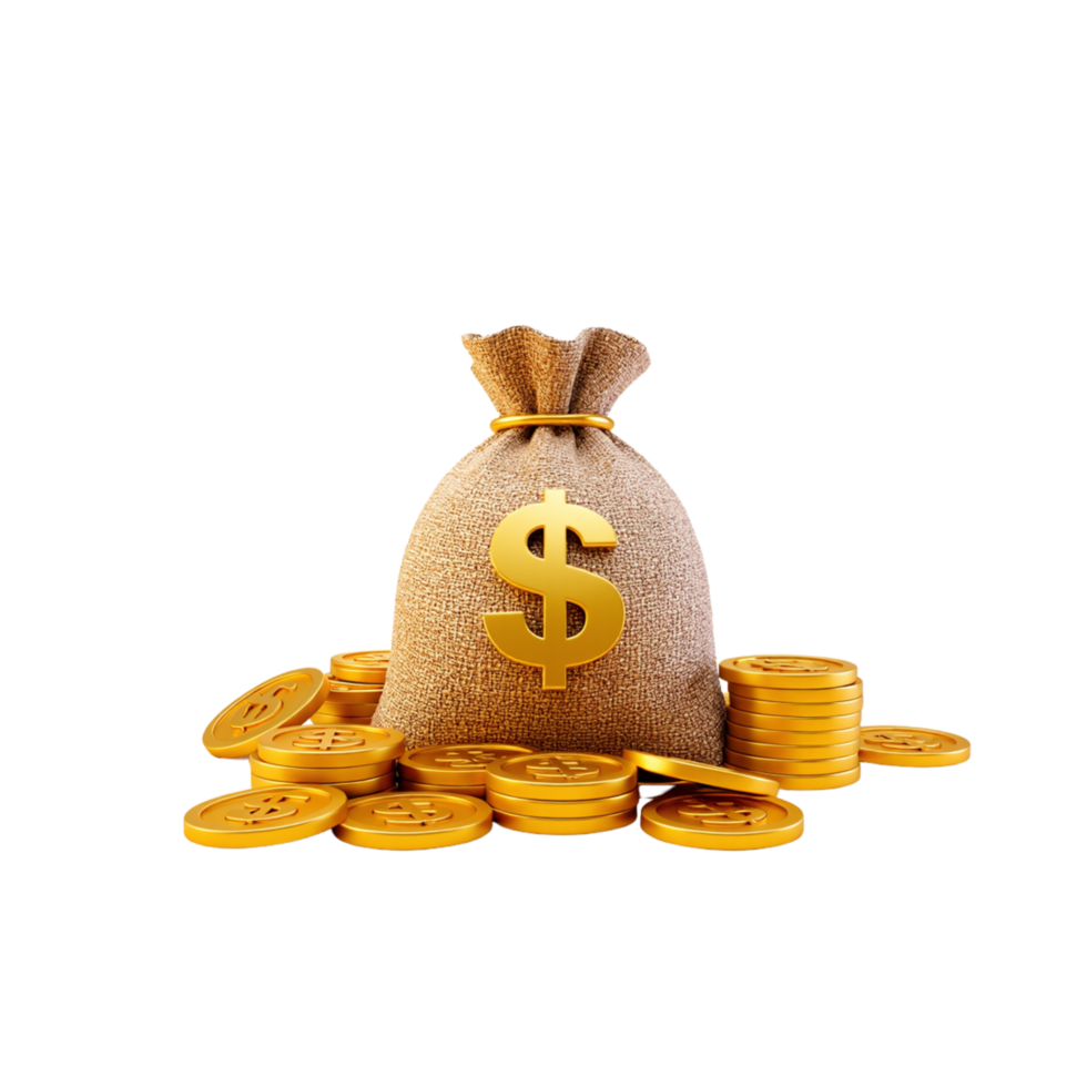 A golden money bag and dollar sign. png