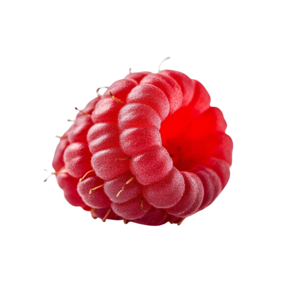 Close up view of a single raspberry against a transparent background. png