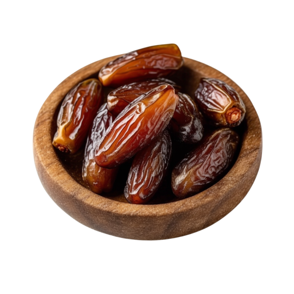 A wooden bowl filled with several plump glossy dates. png