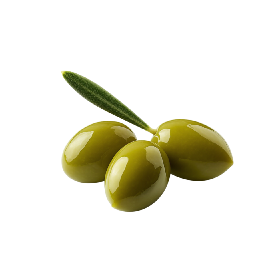 Three glossy green olives with a smooth surface arranged together. png