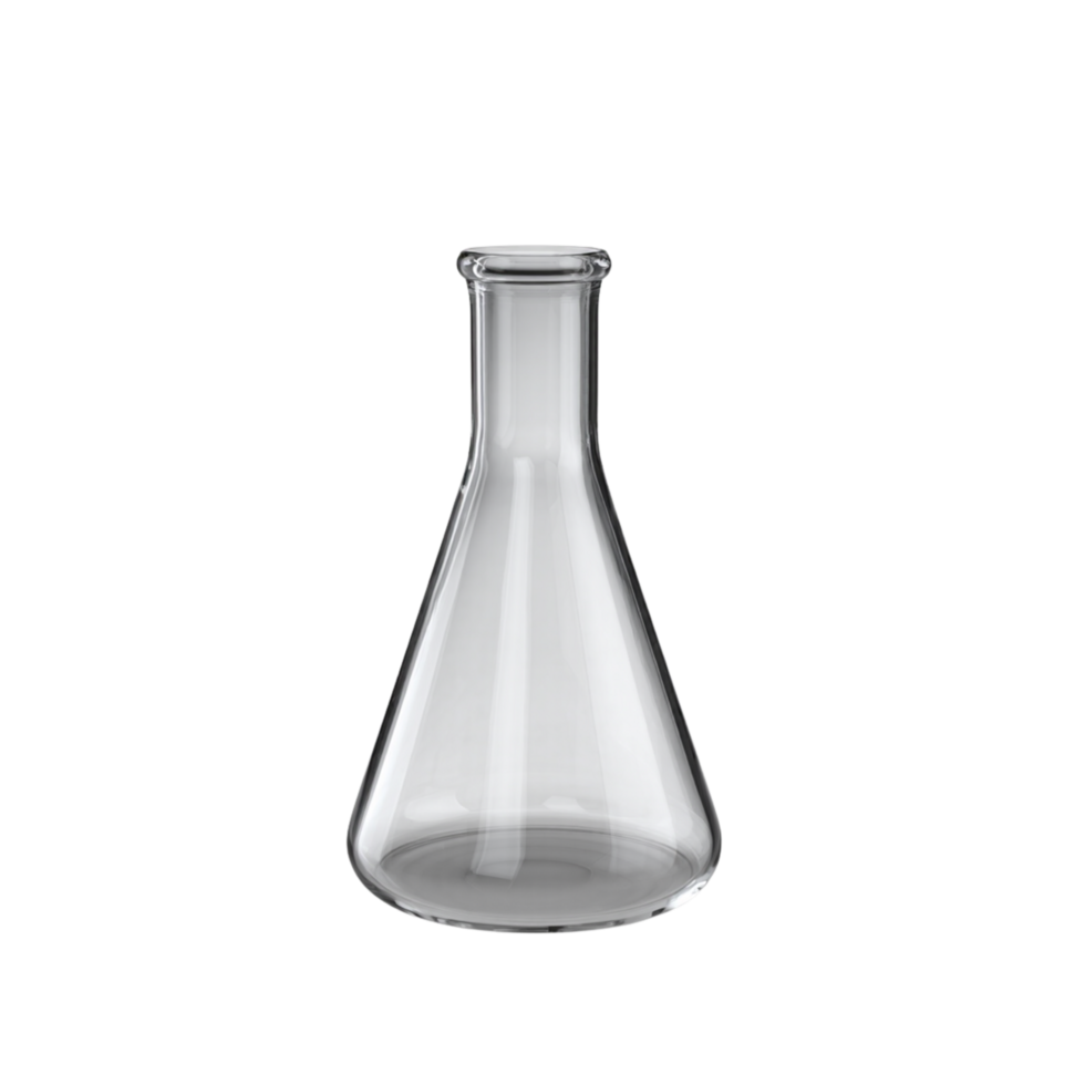 A laboratory flask made of clear glass. png