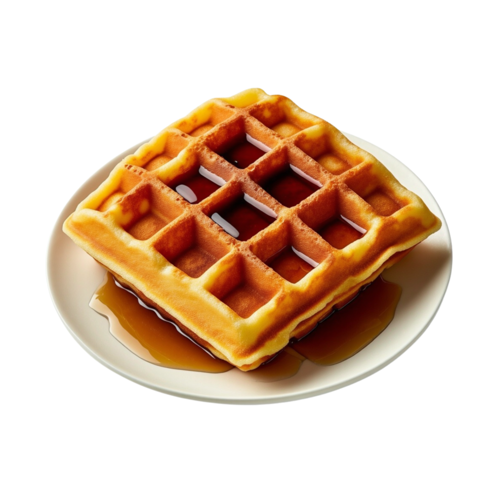 Golden brown waffle placed on a simple white plate. png