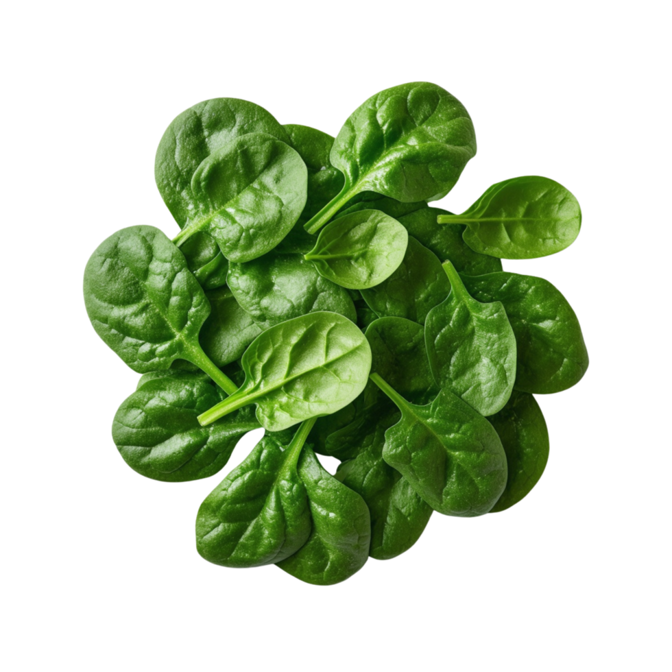 Close up view of fresh spinach leaves arranged in a circular pile. png