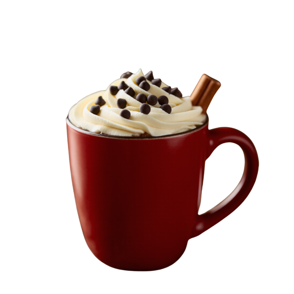 Rich cup of hot chocolate in a vibrant red mug. png