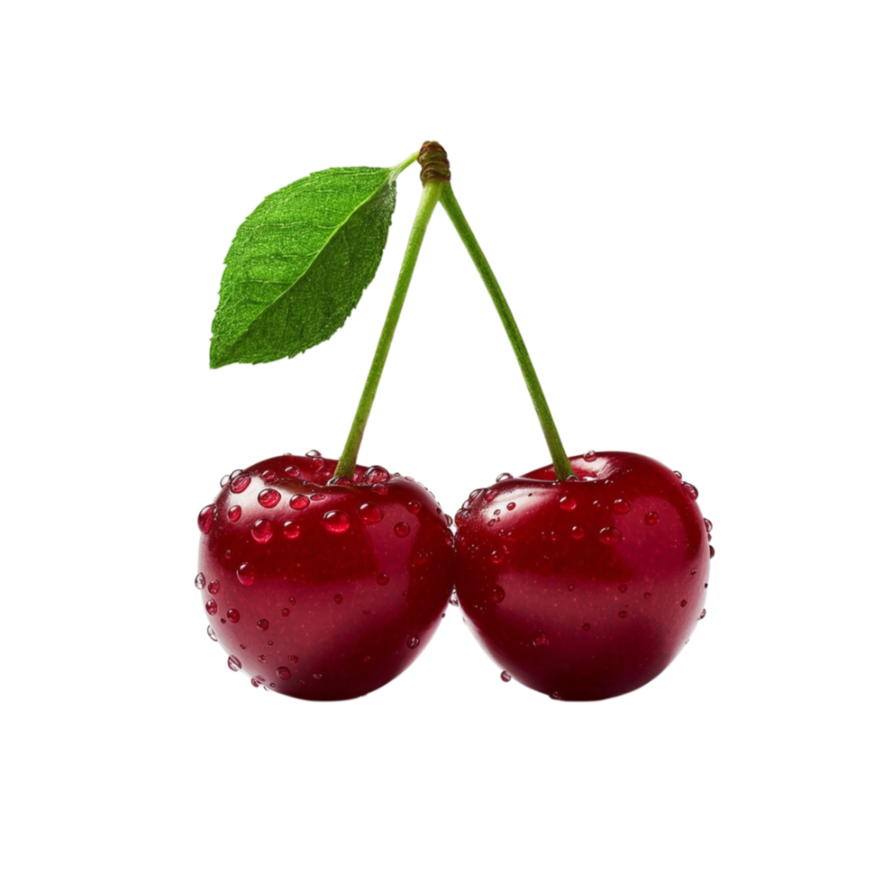 Two vibrant red cherries glistening with droplets of water. png