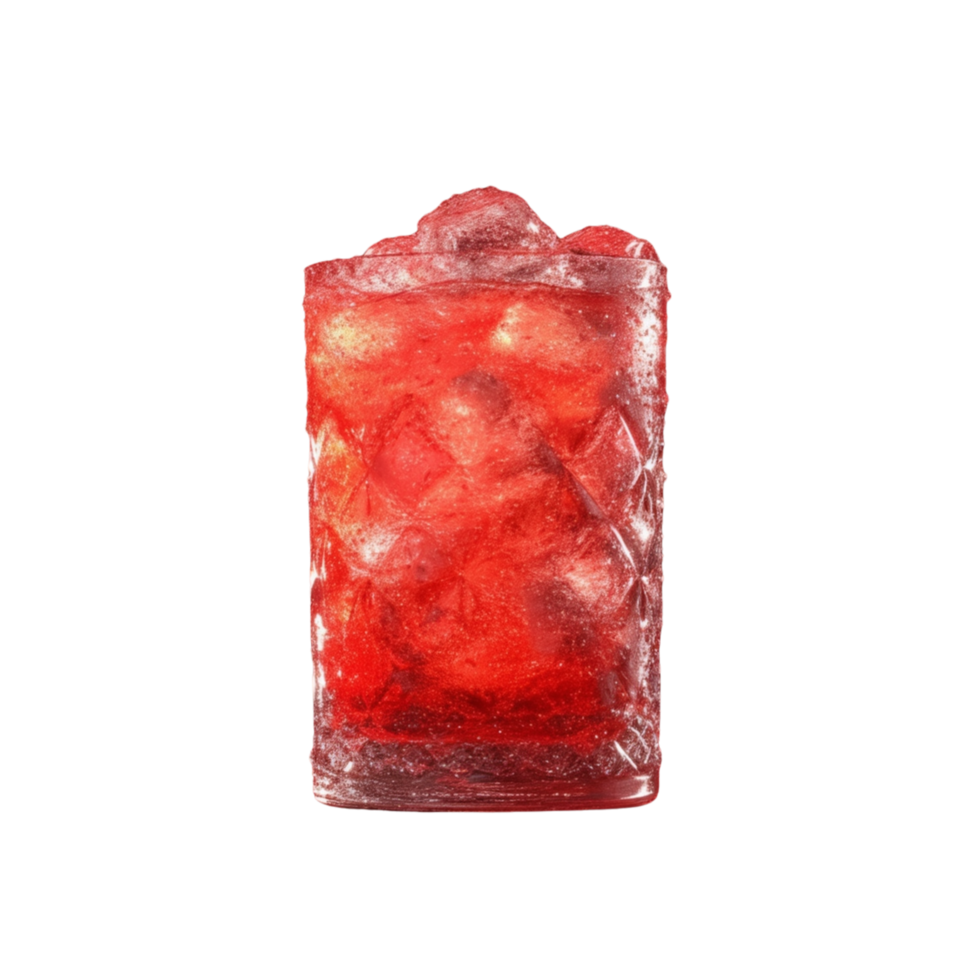 Tall glass filled with a vibrant red drink brimming with ice cubes. png