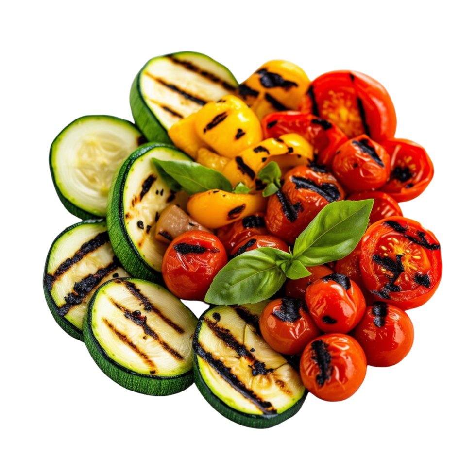 A vibrant arrangement of grilled vegetables set against a transparent background. png