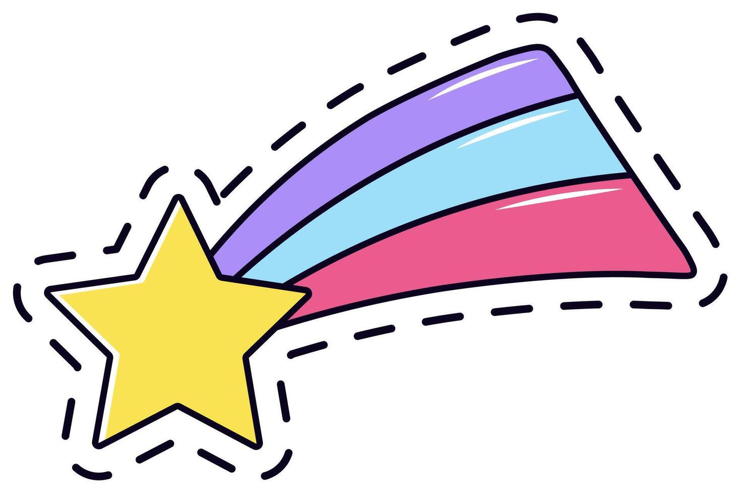 Vibrant patch design featuring a shooting star with a rainbow trail. Perfect for magical and whimsical themes, ideal for fashion accessories or creative projects vector