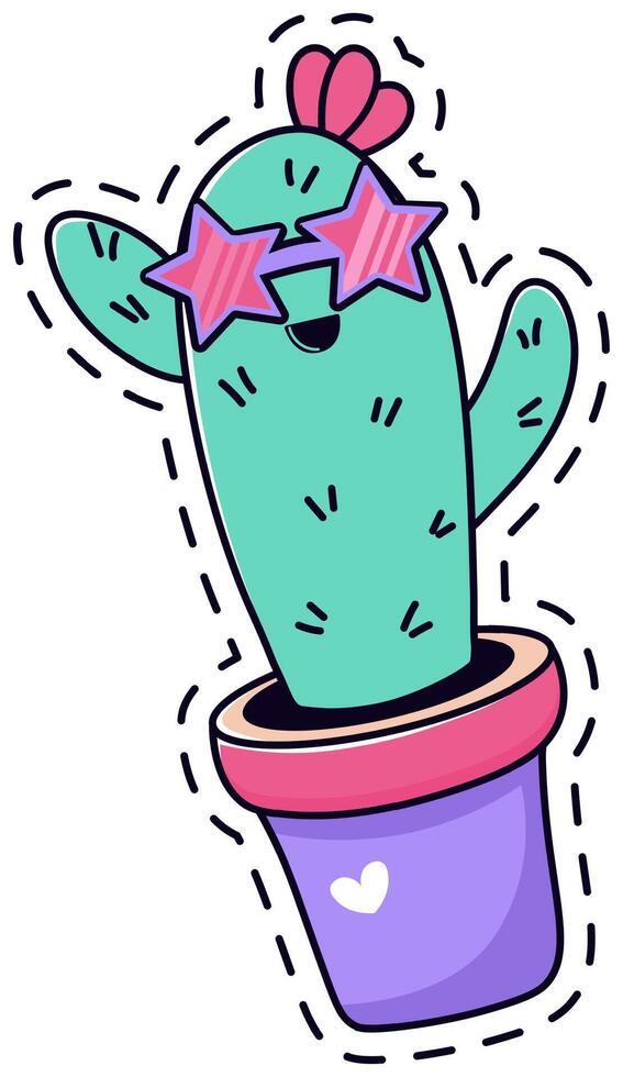 Vibrant cartoon cactus in a purple pot, adorned with playful star shaped sunglasses and a heart detail. The whimsical design features bold colors and a cheerful, fun loving expression vector