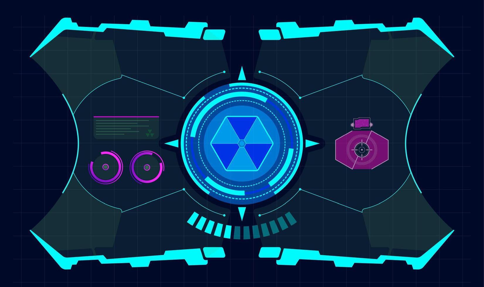 Futuristic virtual screen showing a radiation symbol and a target, hud technology frame, virtual tracking aim, hud digital interfaces, computer hud display vector