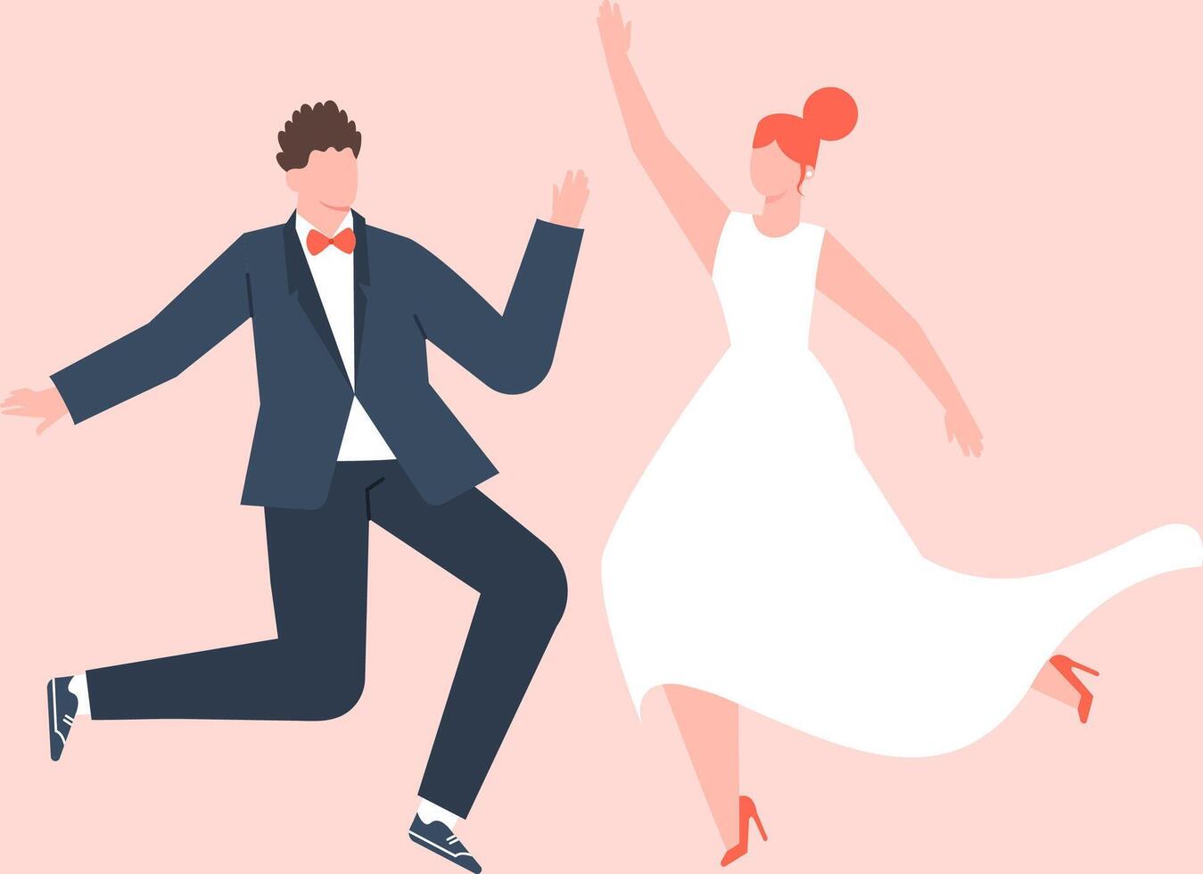 Groom and bride joyfully jumping and dancing together, celebrating their wedding day in a vibrant illustration against a cheerful pink background vector