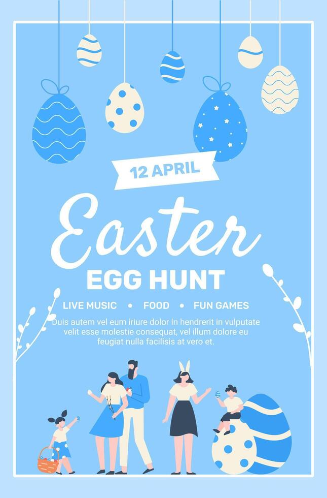 Families celebrating Easter egg hunt event with live music, food and fun games on april 12th, enjoying spring holiday with painted eggs and festive decorations vector