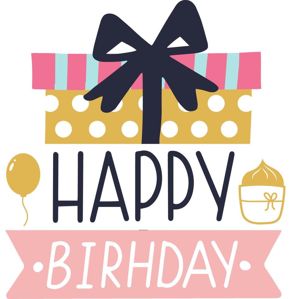 Happy birthday greeting card showcasing a delightful arrangement of a gift, balloon, and cupcake, creating a vibrant and festive design perfect for celebrating special birthday wishes vector
