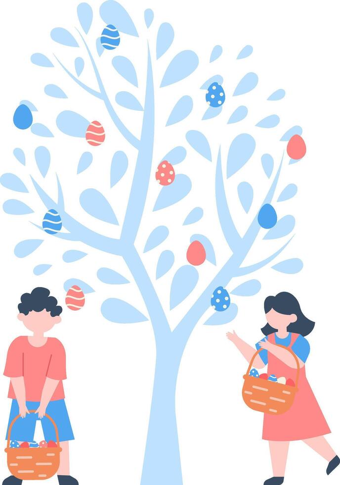 Two joyful children are collecting colorful easter eggs from a stylized tree, holding wicker baskets full of eggs, celebrating the festive holiday season vector