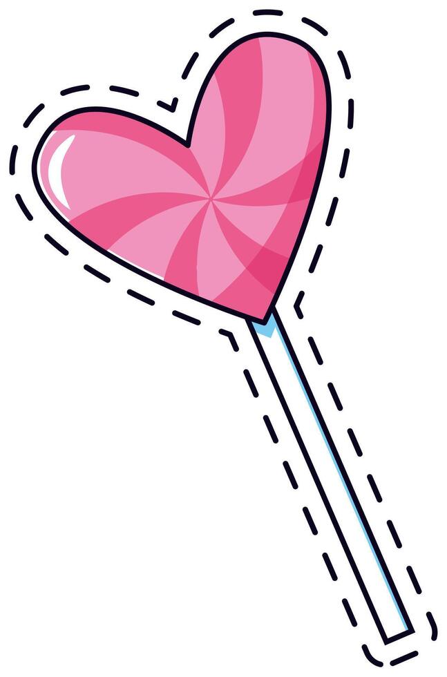 Pink heart shaped lollipop featuring a stick and a delightful spiral design, surrounded by a dashed line that mimics a sew on patch, perfect for adding a playful touch vector