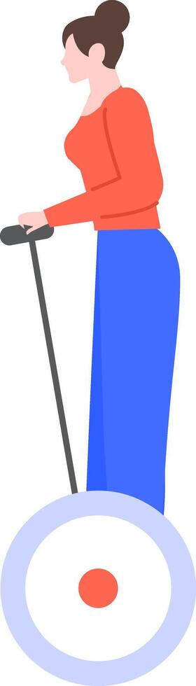 Side view of a young woman riding a self balancing electric unicycle, embracing eco friendly urban mobility while navigating the city streets with innovative transportation technology vector