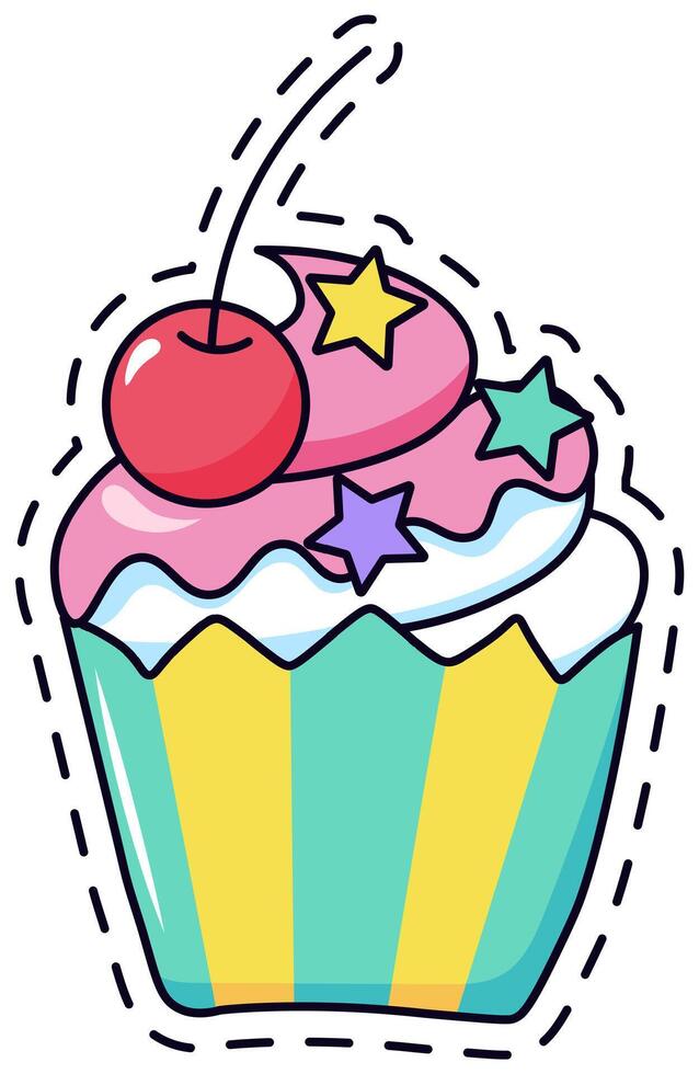Whimsical cupcake design featuring a cherry on top of pink frosting adorned with colorful star decorations. The cupcake wrapper is striped in vibrant yellow and teal hues vector