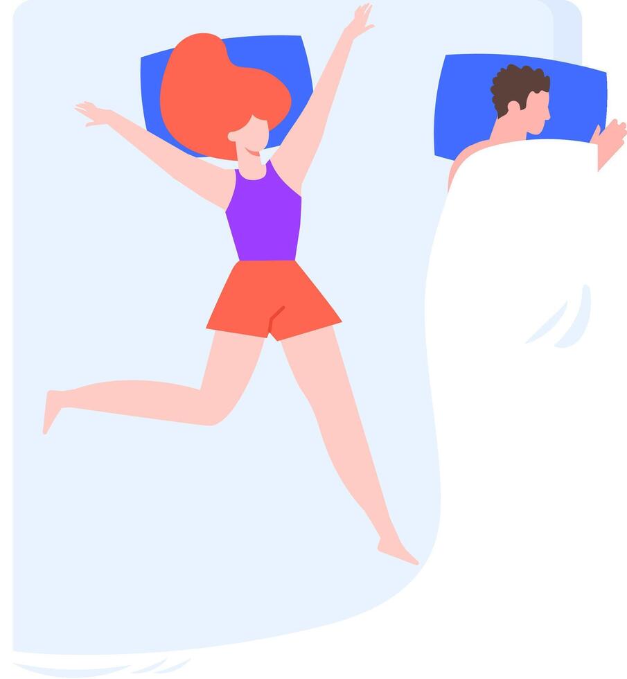 Young romantic couple sleeping in different positions at bedroom in pajamas, representing dream, night, rest, relaxation, love, relationship, and comfortable sleep vector