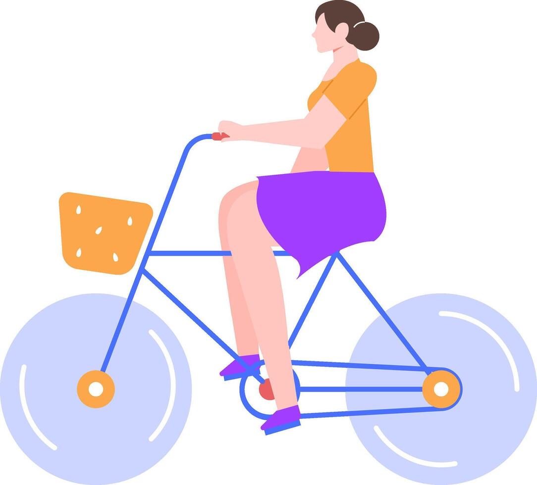 Young woman riding a blue bicycle with a front basket and colorful wheels, enjoying a healthy outdoor activity and promoting sustainable transportation vector