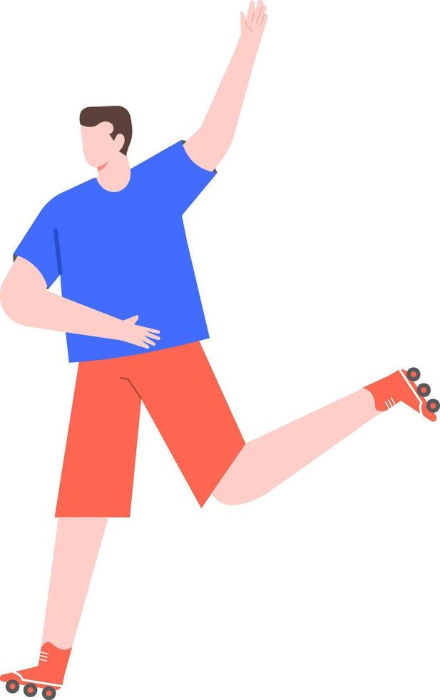 Young man wearing a blue t shirt and red shorts roller skating while joyfully waving with one hand, fully embracing the excitement of his outdoor activity and summer fun vector