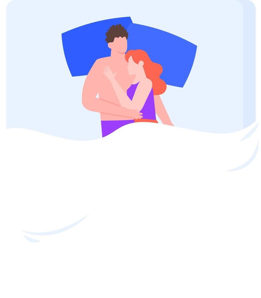 Romantic couple cuddling and sleeping peacefully in bed under a cozy blanket, dreaming together in matching pajamas, creating a serene atmosphere of love and intimacy vector