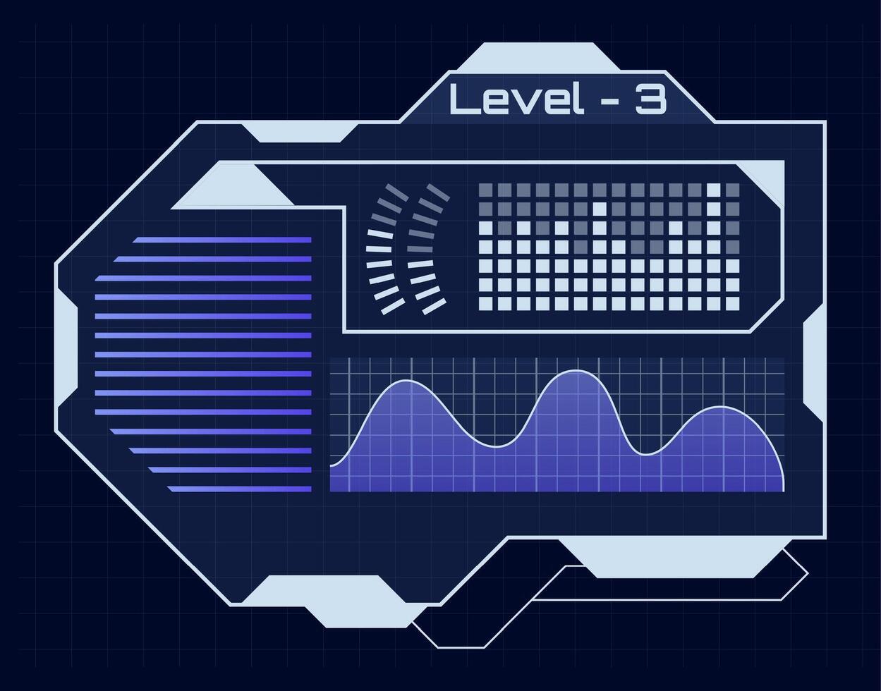Futuristic HUD interface featuring level 3 with loading bars, charts, and digital infographic elements, creating a tech savvy atmosphere for gaming and sci fi projects vector