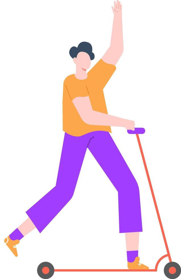 Young man with an orange t shirt and purple trousers is riding a kick scooter while waving with one hand, isolated illustration on white background vector