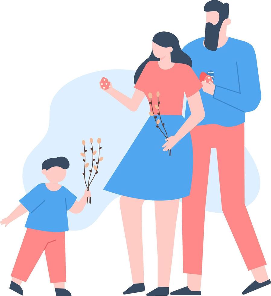 Happy family celebrating Easter together, holding colorful painted eggs and willow branches, cherishing spring traditions and enjoying joyful holiday moments vector