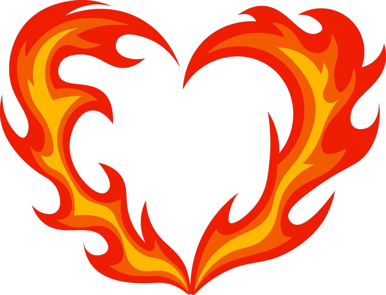 Stylized flames in vibrant red and orange forming a heart shape, representing burning love and passion against a clean white background. Ideal for romantic themes and celebrations vector