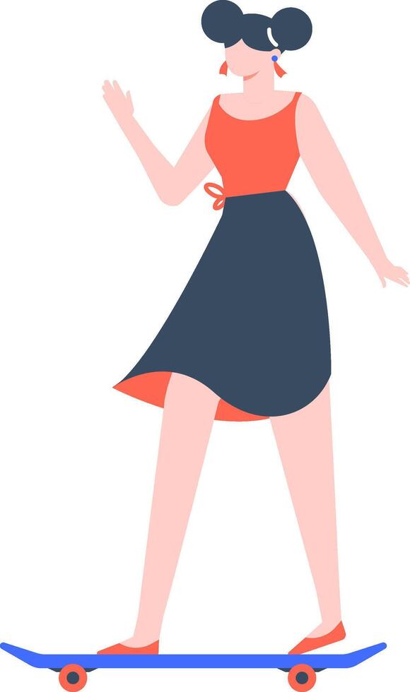 Stylish woman with double bun hairstyle riding a skateboard and waving, enjoying outdoor activity, promoting healthy lifestyle and urban transportation vector