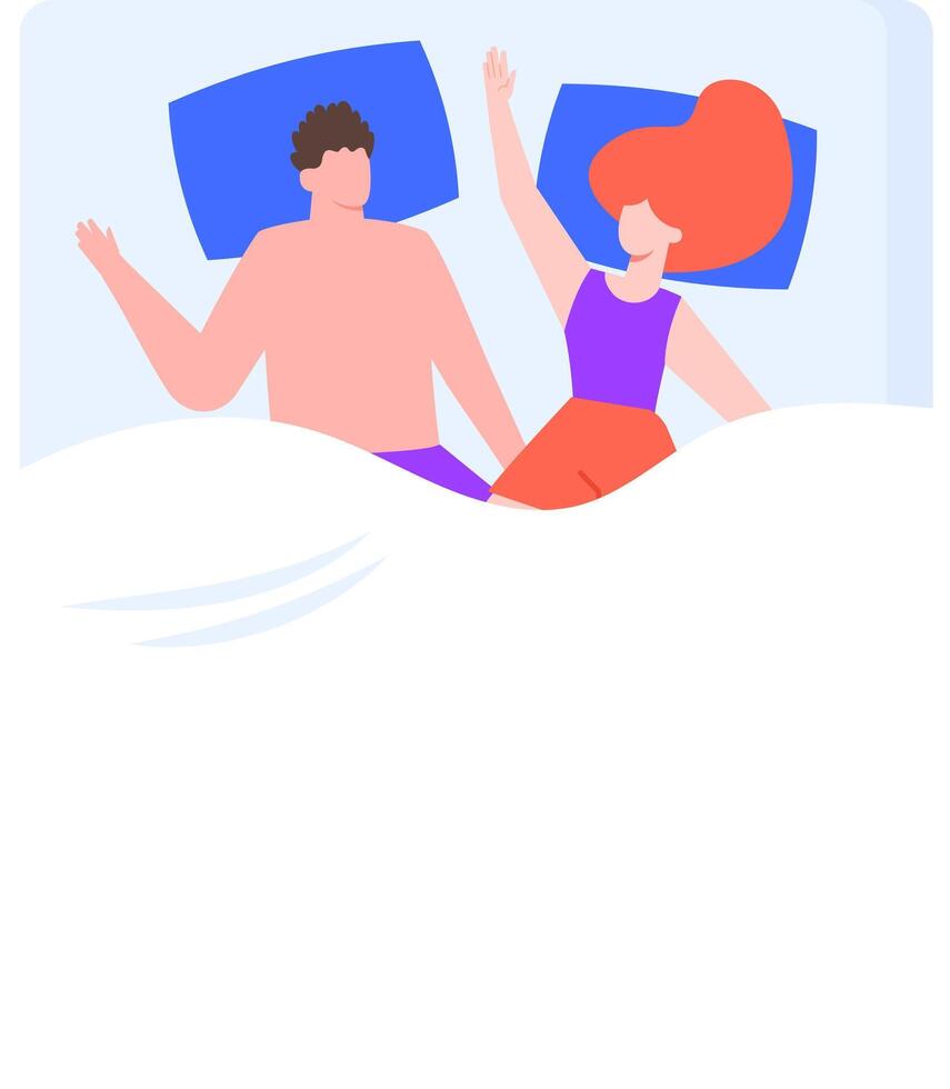 Young romantic couple sleeping together in bed with arms raised, enjoying a peaceful night's sleep, dreaming in their pajamas, isolated illustration vector