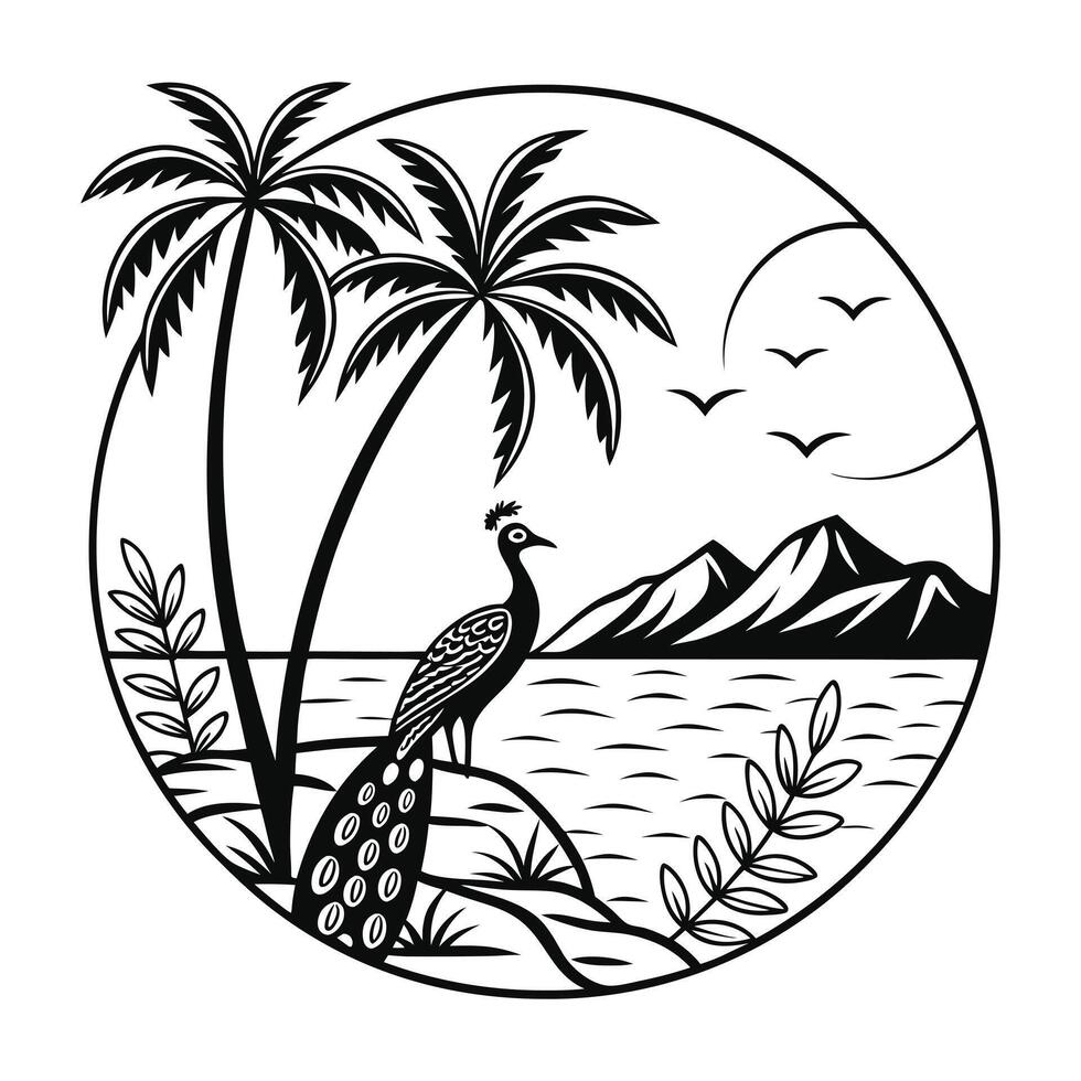 Peacock Landscape in Round Shapes Design vector