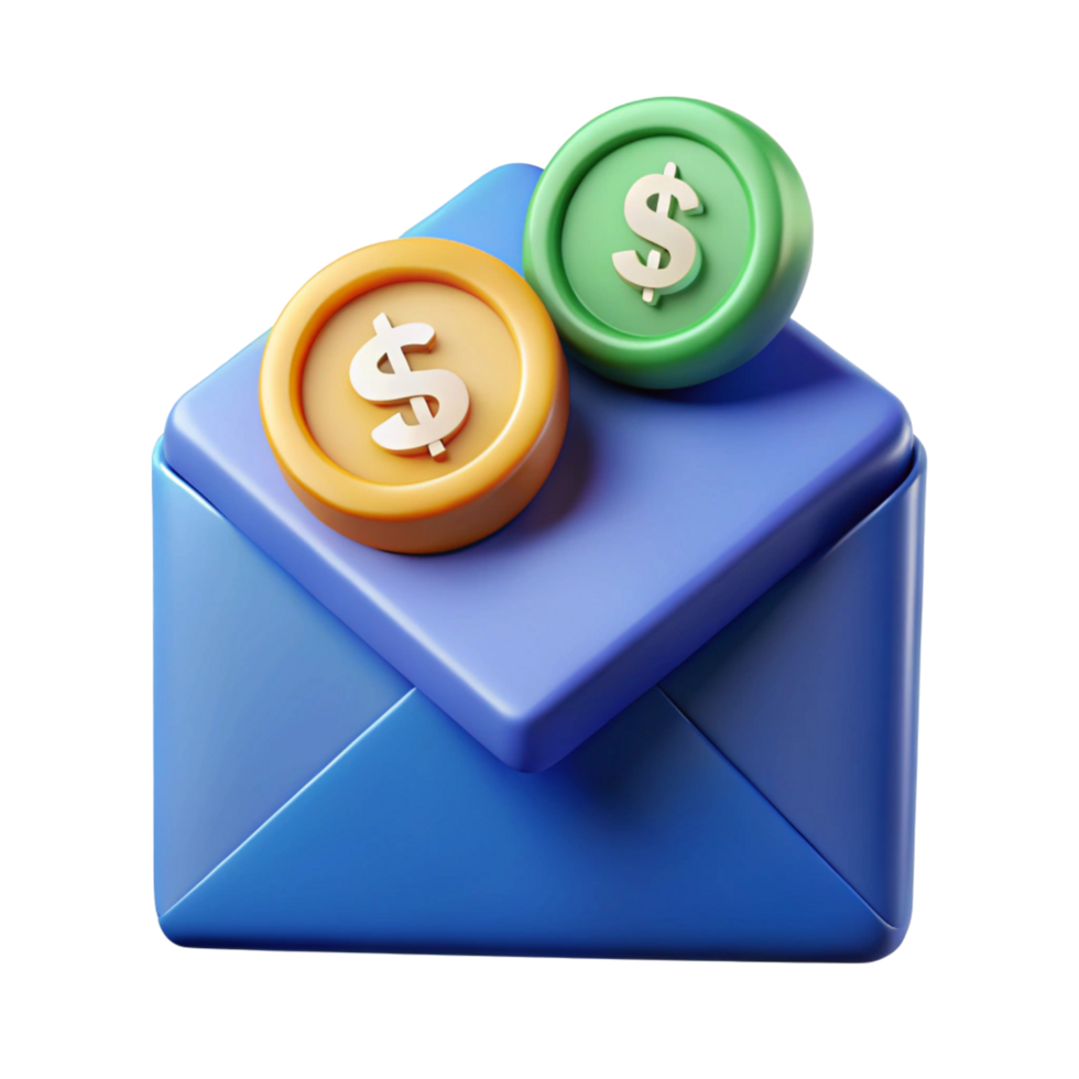 3D Render of a Blue Envelope with Gold and Green png
