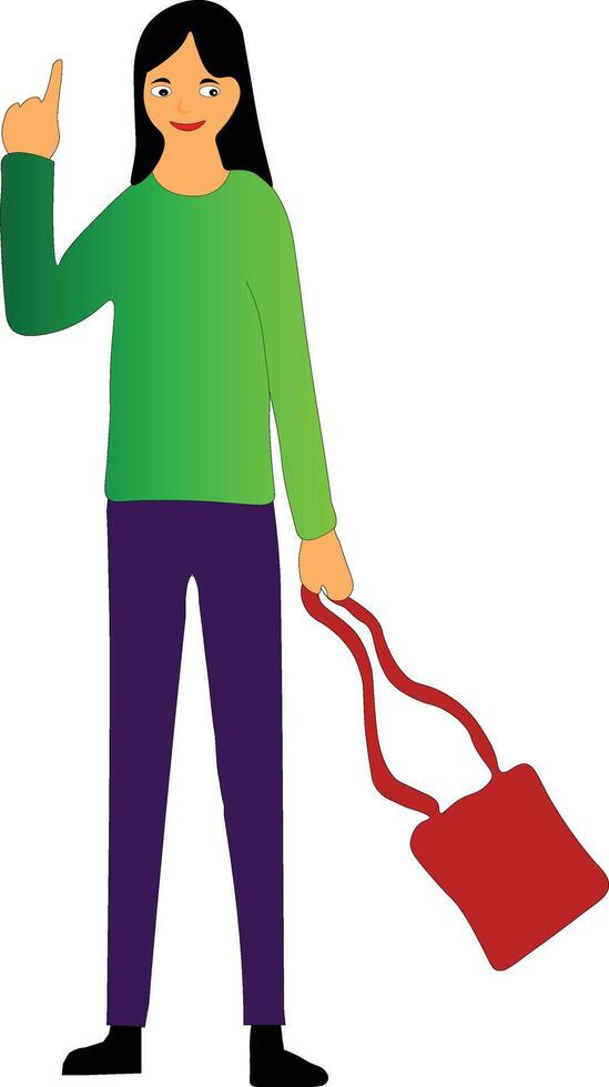 A woman holding a bag and pointing her finger vector
