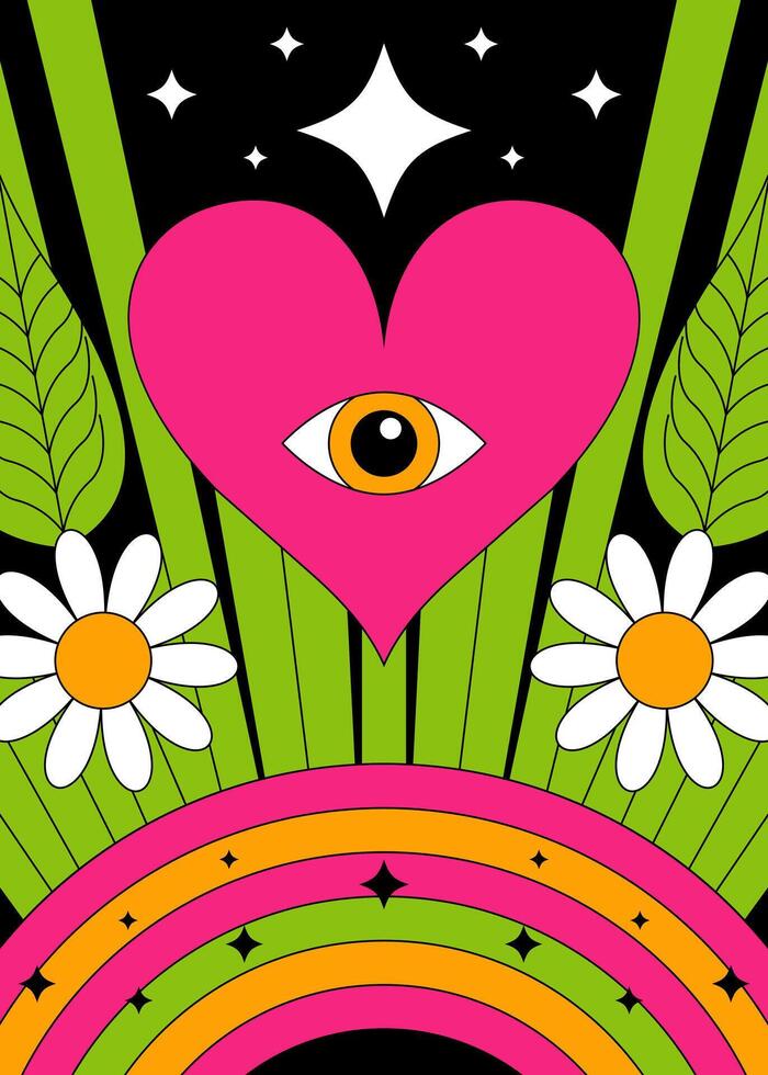 Psychedelic Retro Heart with All-Seeing Eye vector