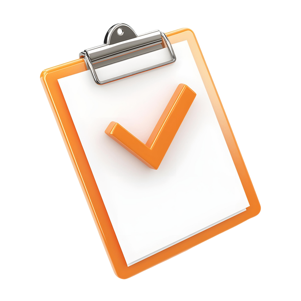 Stylized 3D clipboard symbolizing approval with an orange check png